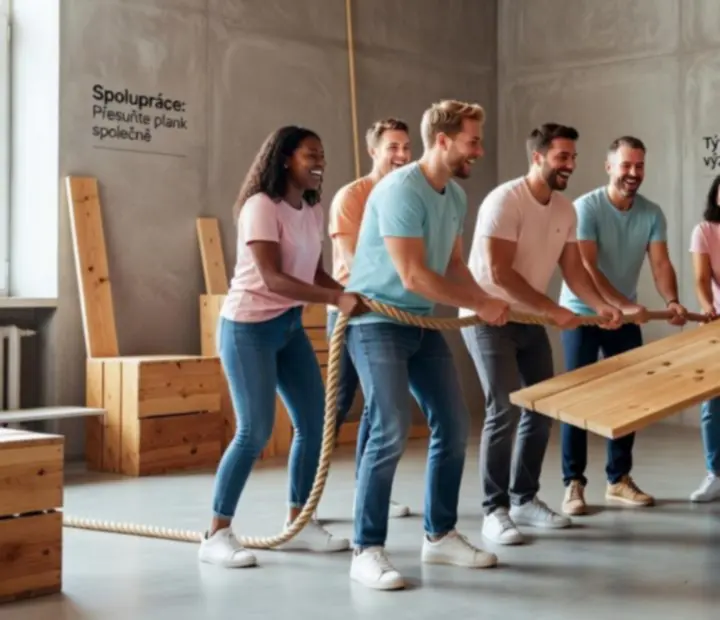 Teambuilding v loftovém prostoru s týmem zapojeným do aktivit