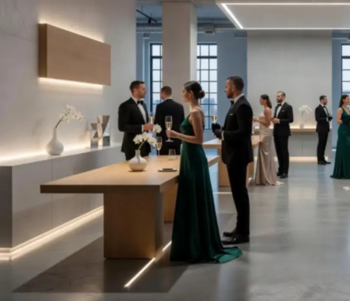 VIP event v moderním loftovém prostoru s elegantním osvětlením
